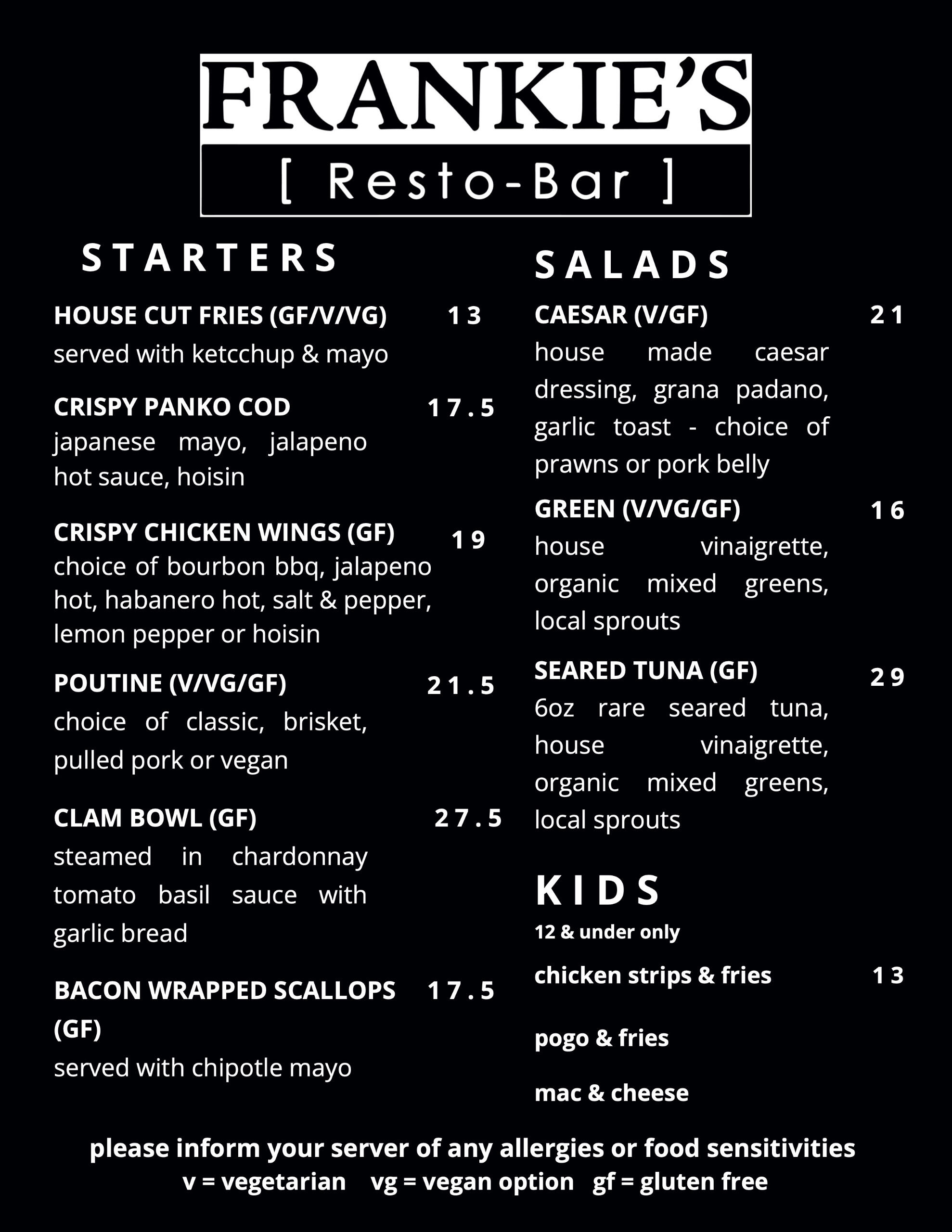 Frankie's Resto-Bar Food Menu