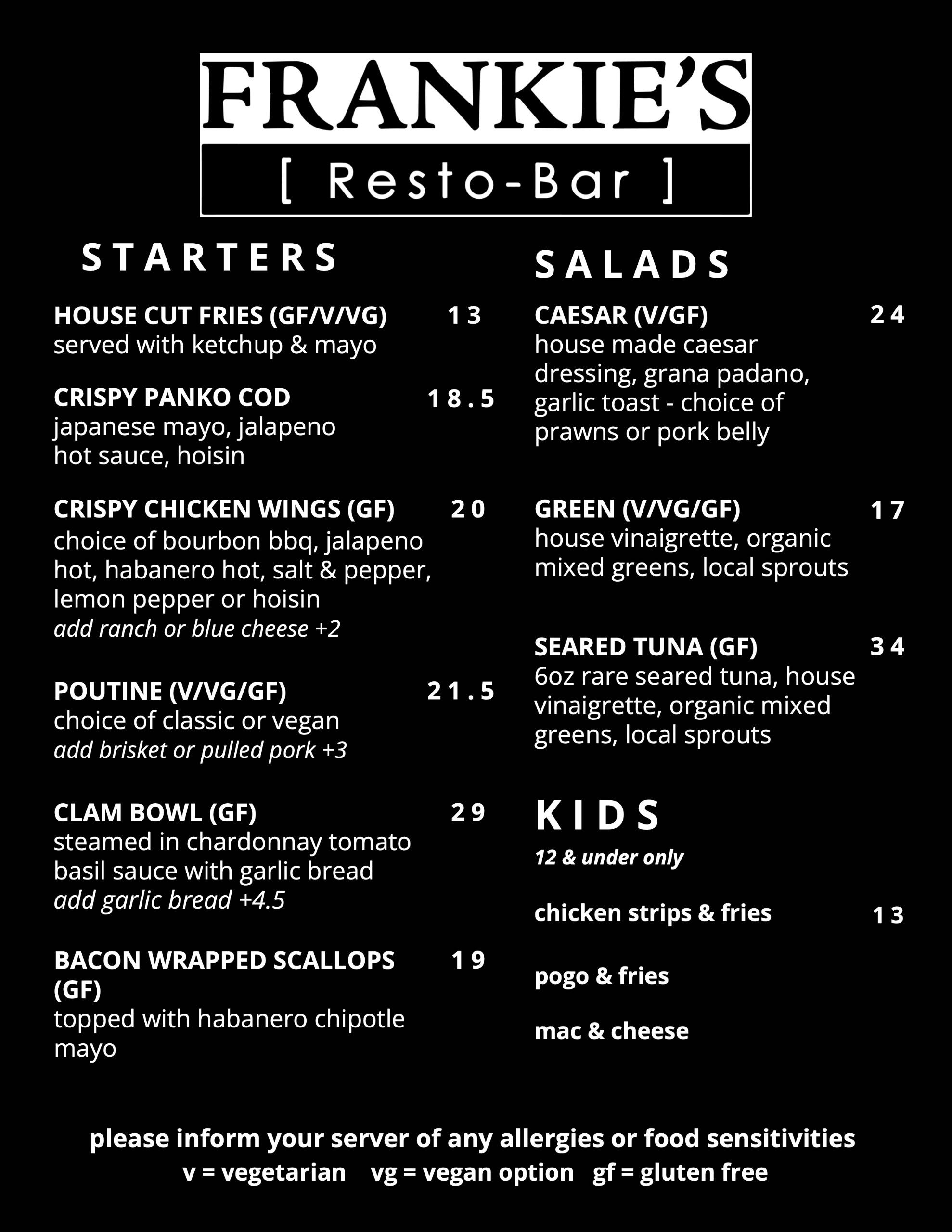 Frankie's Resto-Bar Food Menu