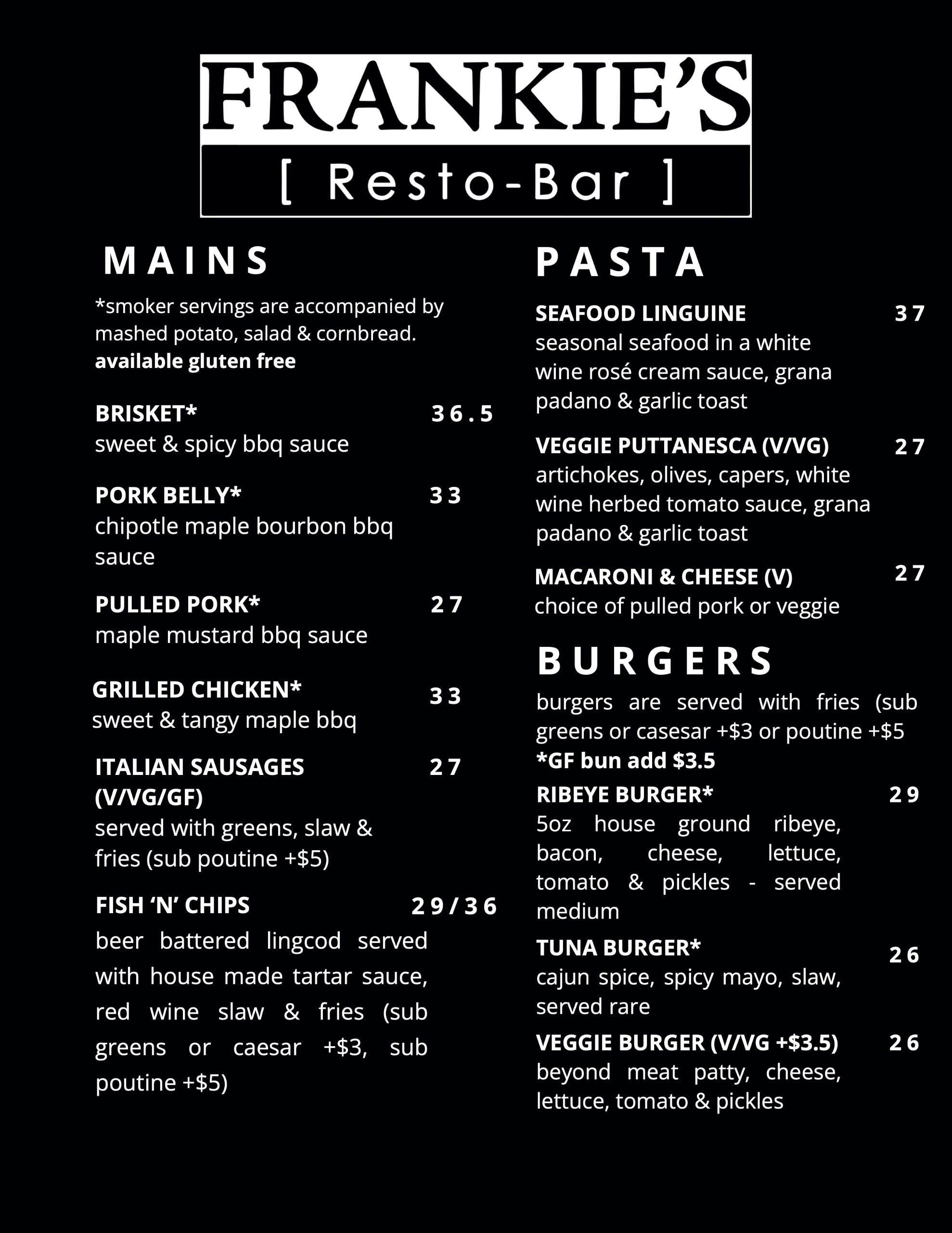Frankie's Resto-Bar Food Menu
