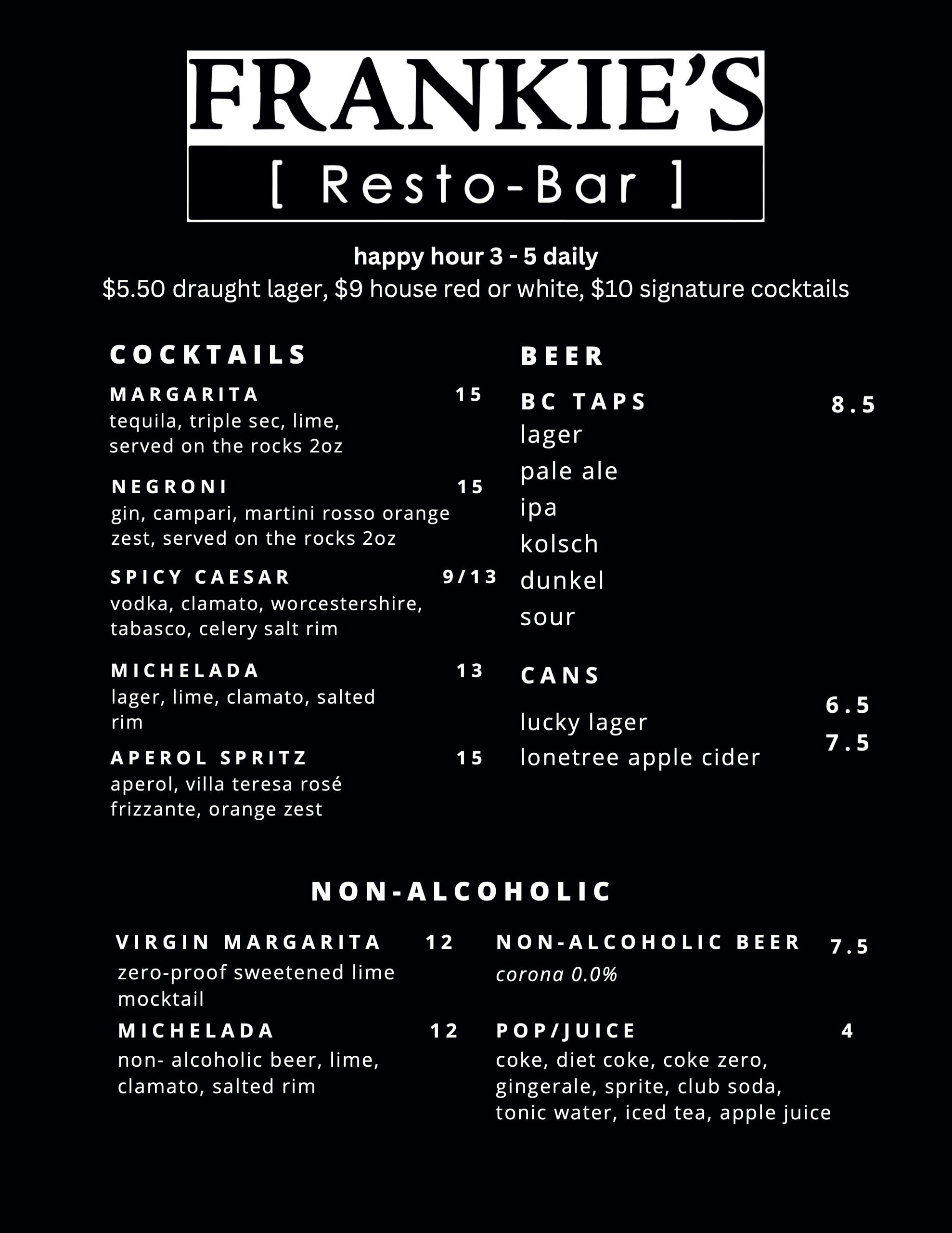 Frankie's Resto-Bar Drink Menu