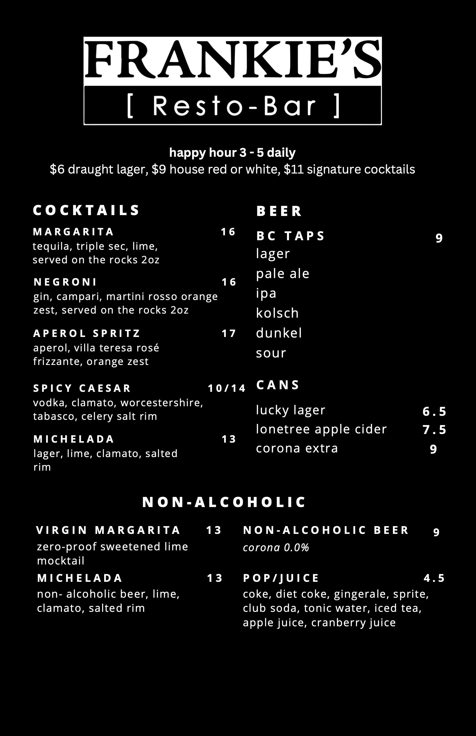 Frankie's Resto-Bar Drink Menu