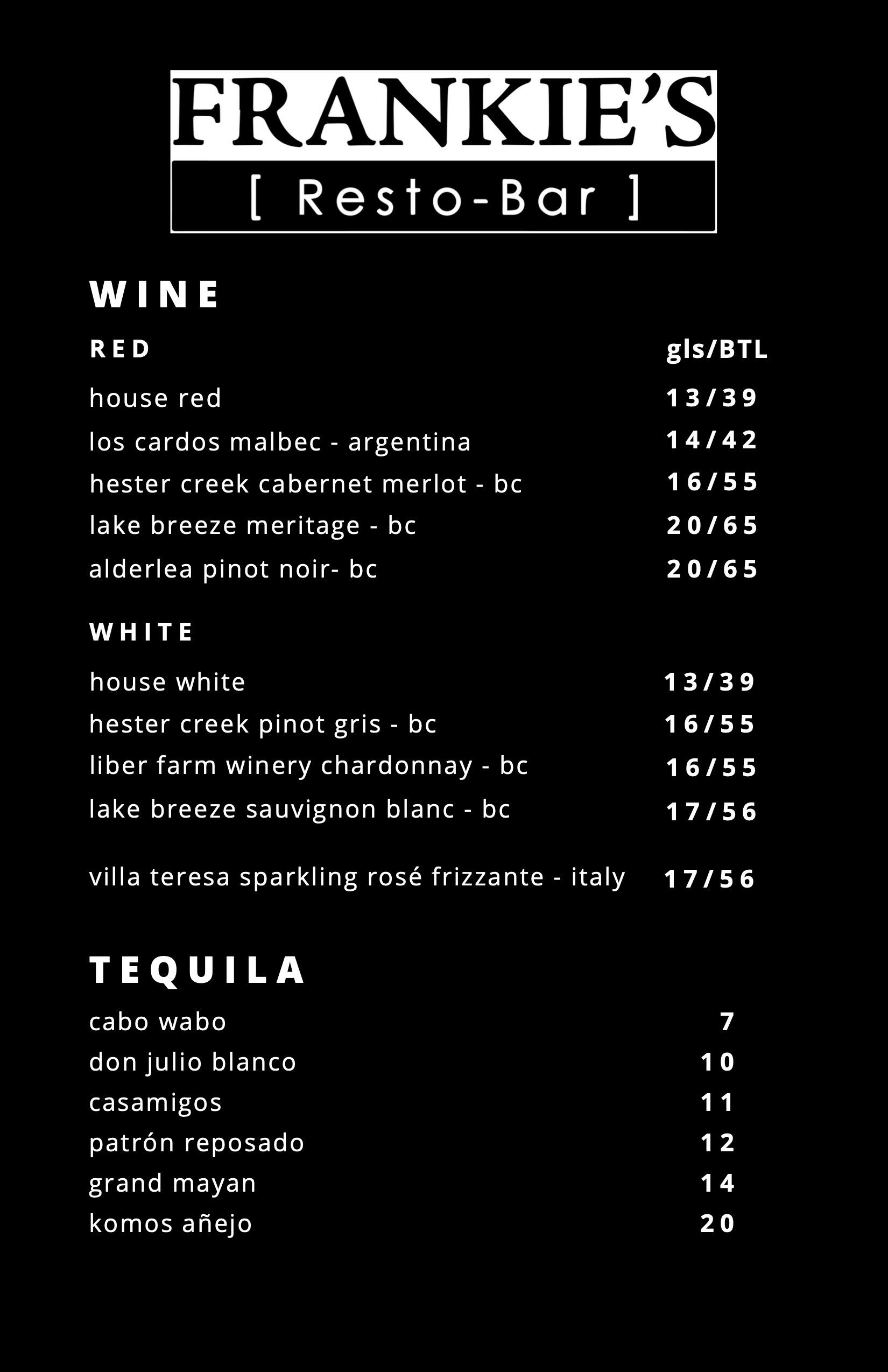Frankie's Resto-Bar Drink Menu